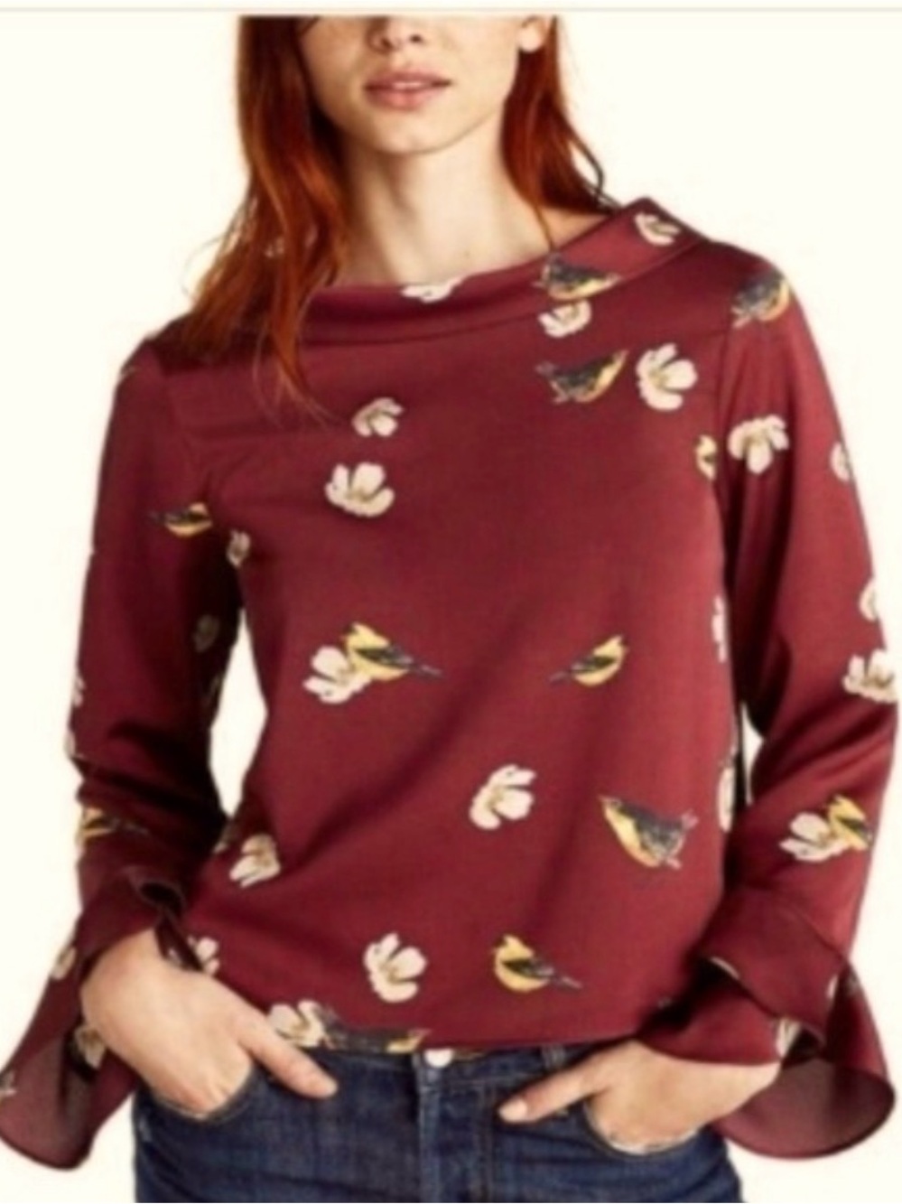 ZARA Burgundy Bird & Floral Print Satin Blouse Cowl Neck Long Sleeve Large